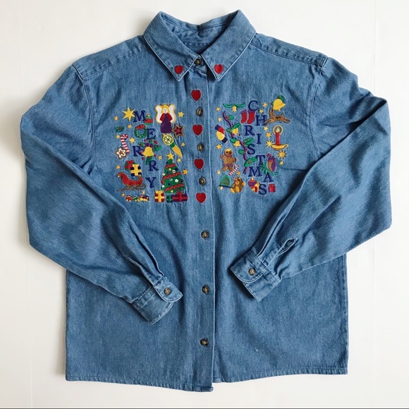 Karen Scott Denim Chambray Ugly Christmas Button Up SP - Picture 1 of 6